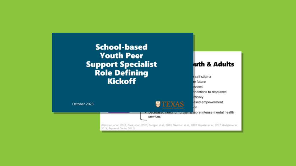 Two PowerPoint slides from a presentation about Youth Peer Support are displayed on a green background.