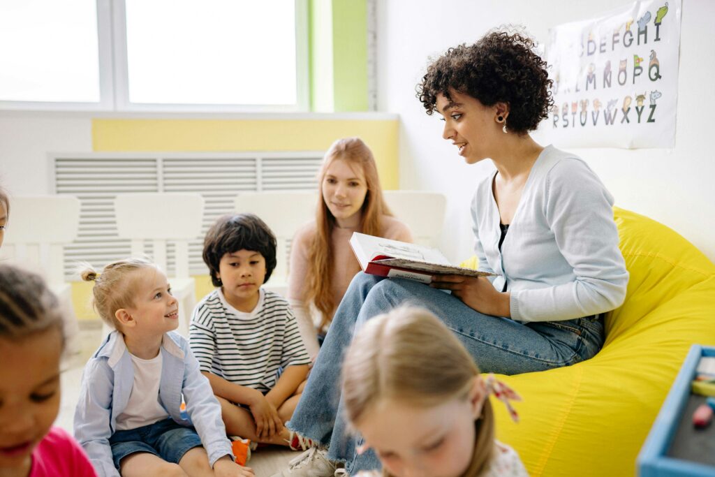 Young kids back to school and learning in a classroom