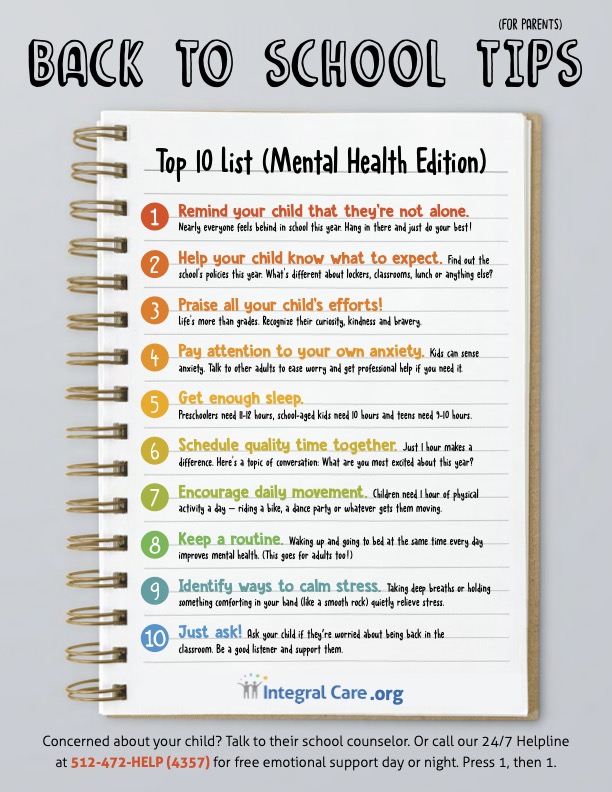 Integral Care's list of 10 tips for parents to prepare kids for back to school and prioritize mental health.